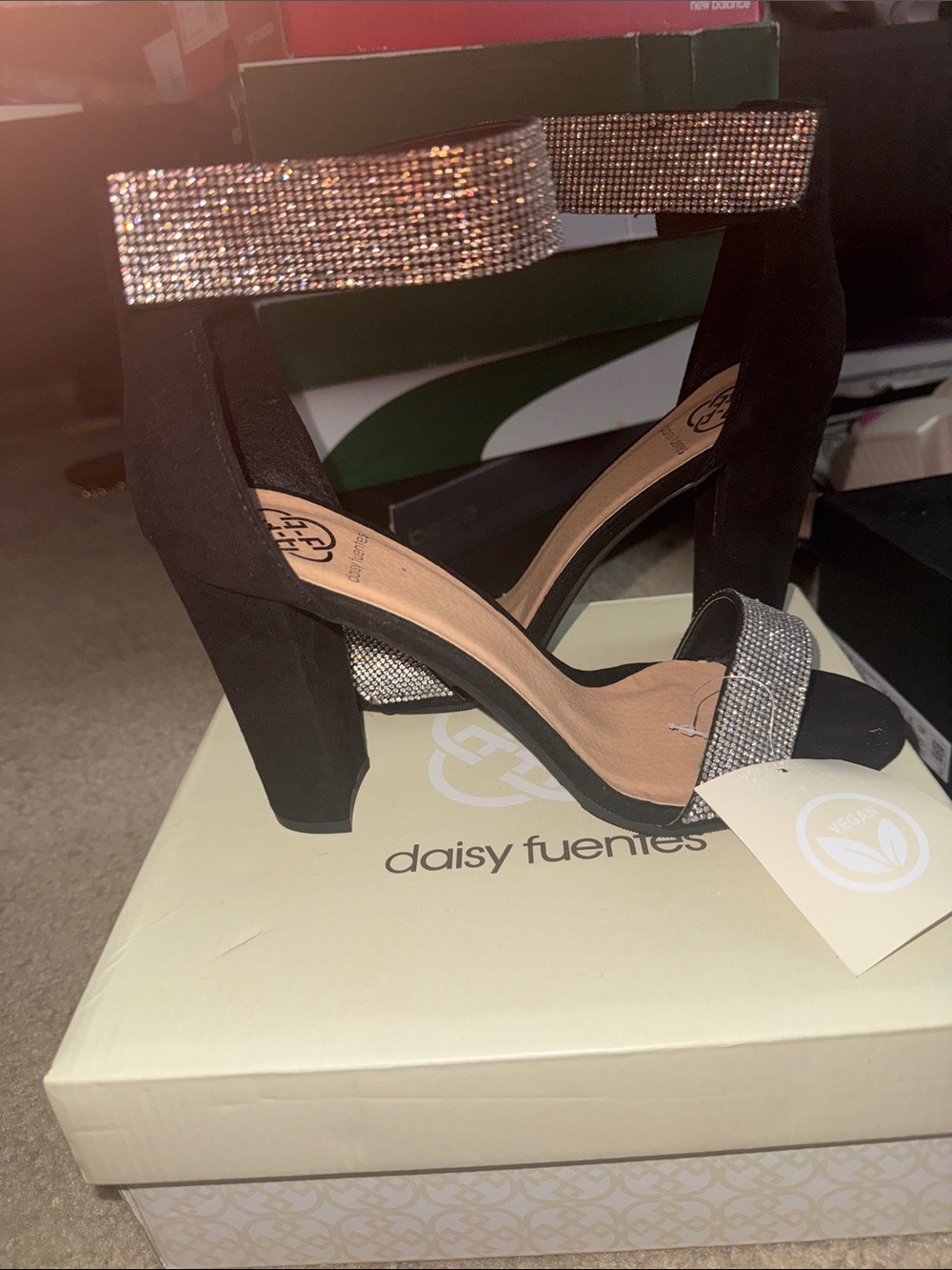 Daisy Fuentes Black Suede Block Heels with Sparkling Straps